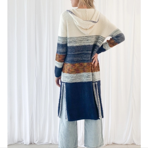 NWOT  longline Cardigan stripe knit  white brown size 6/8 . w" hoodie wool blend - Picture 3 of 9